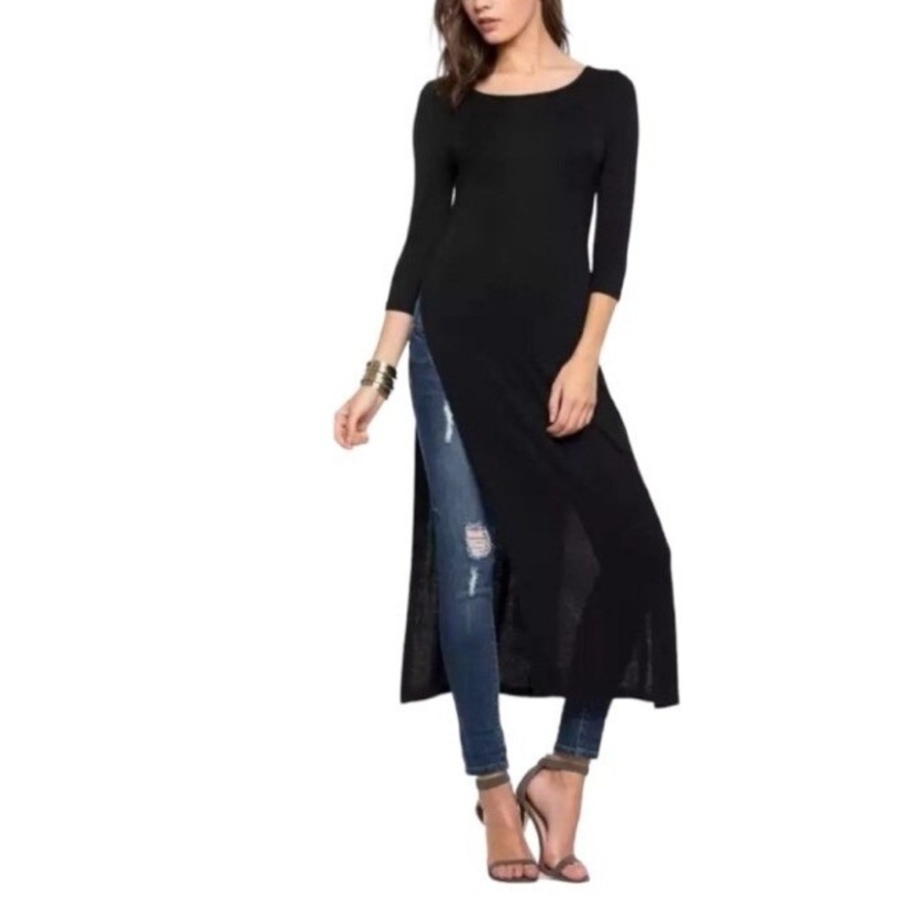 J Jill Wearever Collection Long‎ Black Side Split Scoop Neck Knit Tunic Top XS